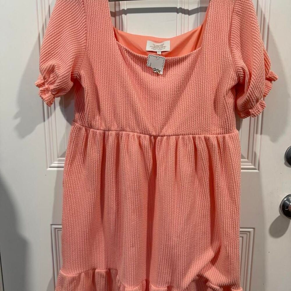 Women’s Mini Dress in Coral Pink - Scoop Neck, Short Puff Sleeves